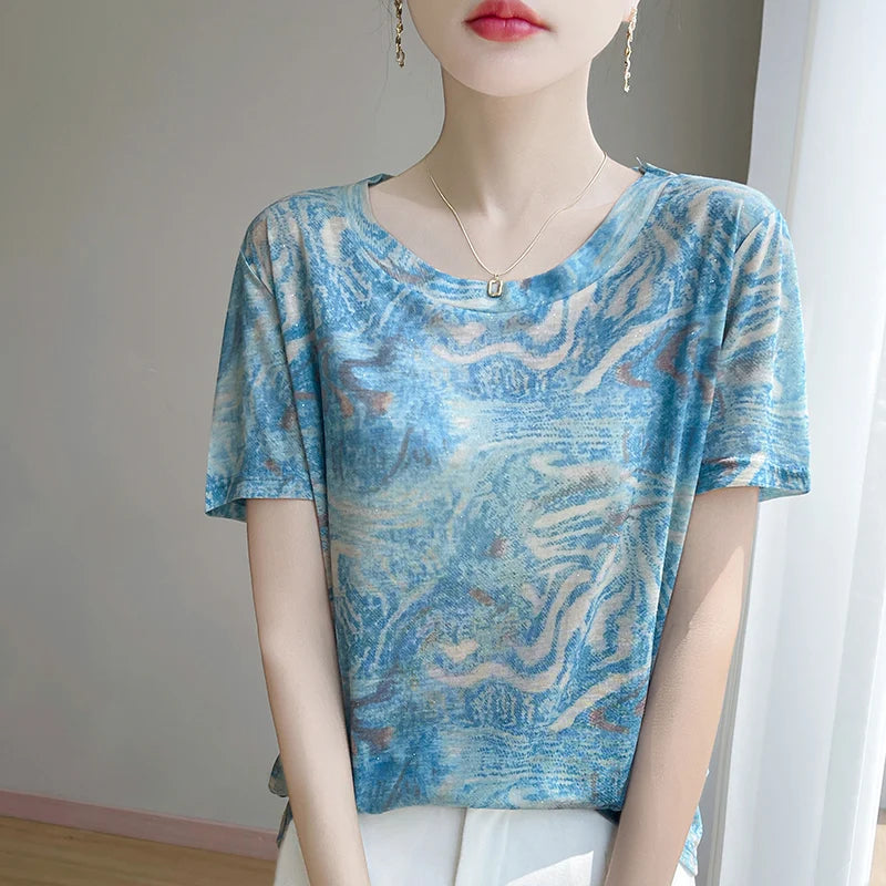 Spring And Summer New Round Neck Knitted Short Sleeve T-shirt Women's Printed Loose Bottoming Top