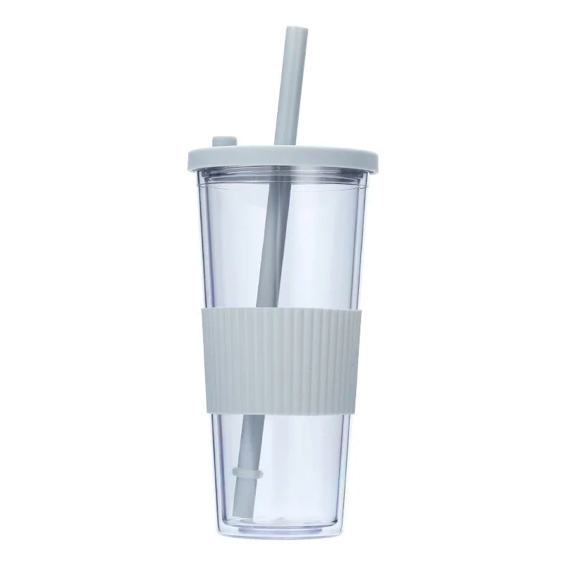 710ML Reusable Double-layer Plastic Colored Straw Cup Coffee Summer Ice Cup Portable Sports Cup With Cup Sleeve,Gift To Friend
