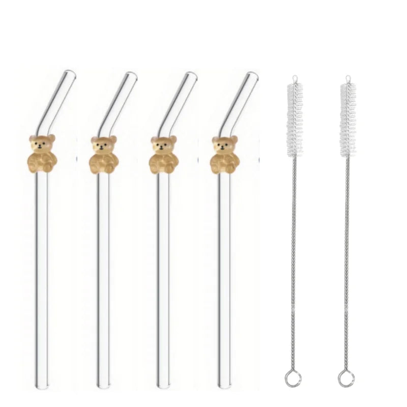 4/5PCS Rabbit & Bear Glass Straws，Cute reusable for iced coffee & drinks. Perfect picnics & parties. Ideal Mother's Day gift.