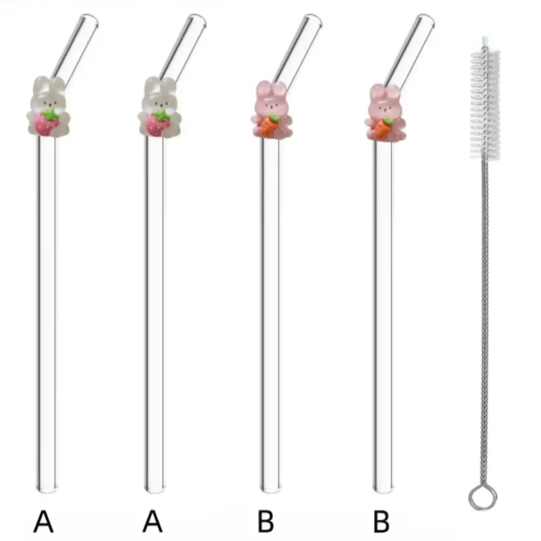 Bunny Strawberry Carrot Glass Straw,Reusable Curved Set for Cocktails, Smoothies, Pool Parties, Weddings, Beach.