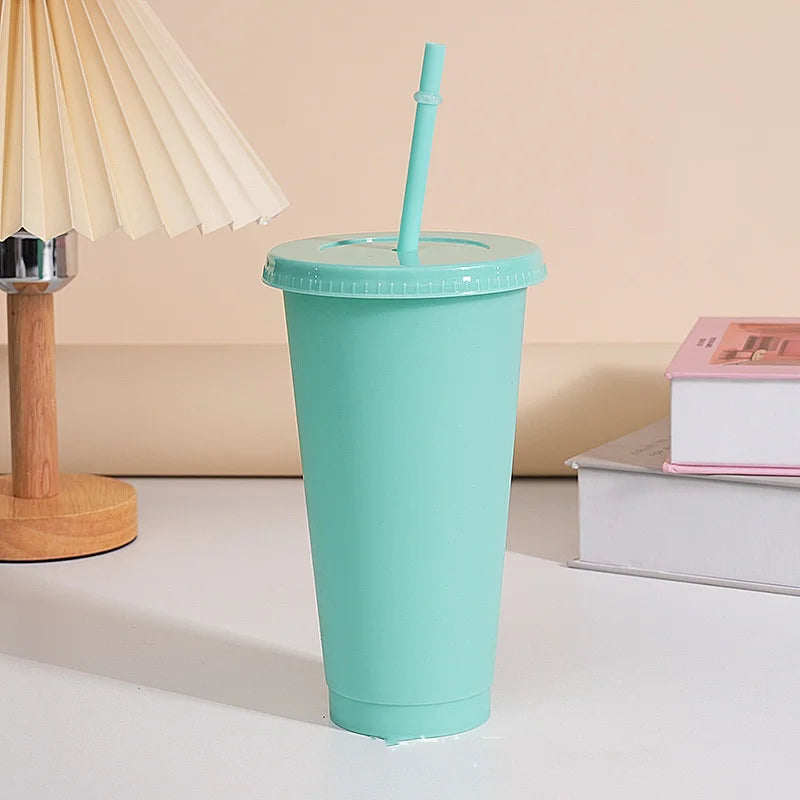 Assorted solid color reusable 710ml 24oz plastic cup cold cup coloured cup takeaway straw cup glasses with straw and lid