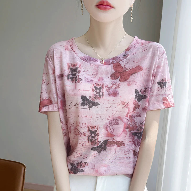 Spring And Summer New Round Neck Knitted Short Sleeve T-shirt Women's Printed Loose Bottoming Top