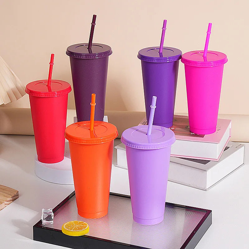 Assorted solid color reusable 710ml 24oz plastic cup cold cup coloured cup takeaway straw cup glasses with straw and lid