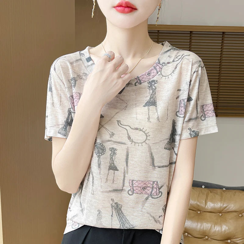 Spring And Summer New Round Neck Knitted Short Sleeve T-shirt Women's Printed Loose Bottoming Top