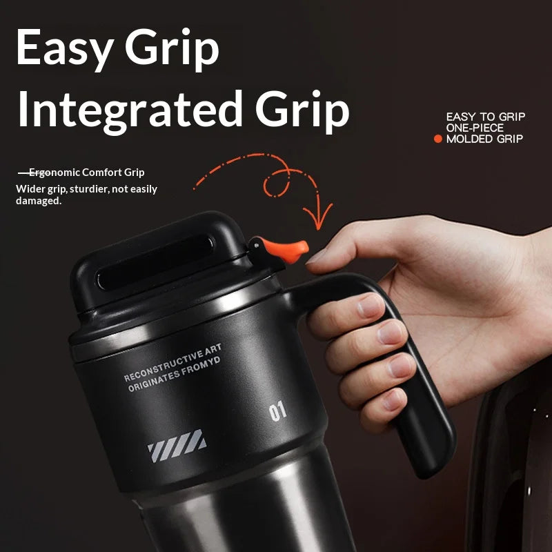 Robo-armor-style portable insulated cup with built-in sport mode quick-open straw and car-mounted ice maker