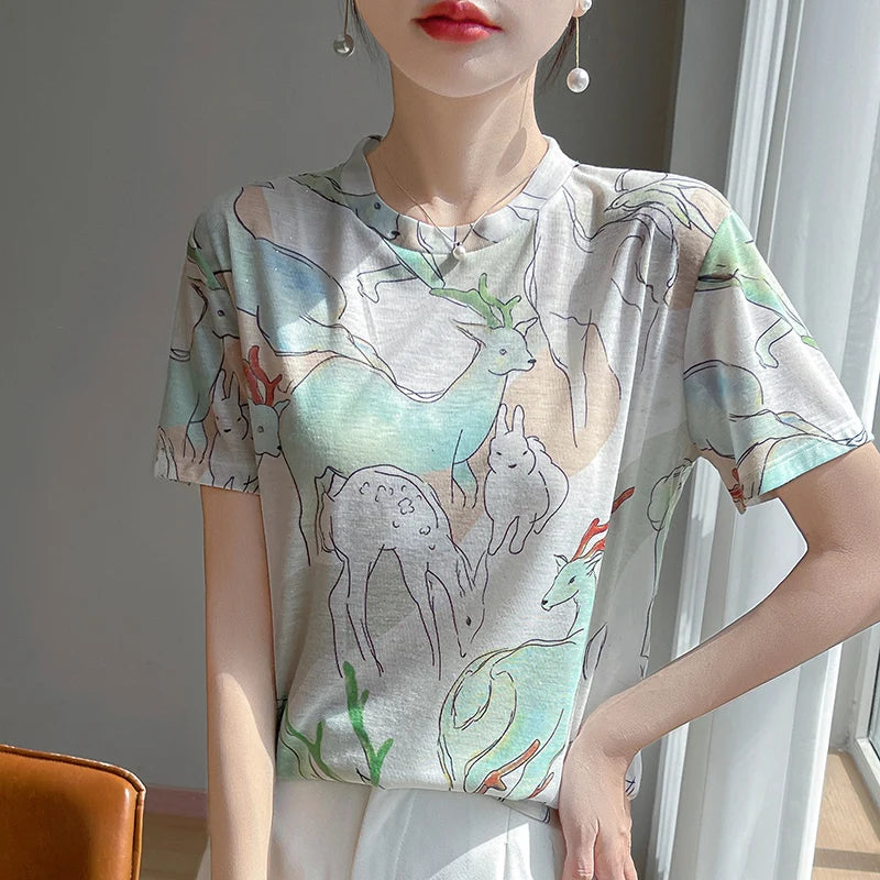 Spring And Summer New Round Neck Knitted Short Sleeve T-shirt Women's Printed Loose Bottoming Top