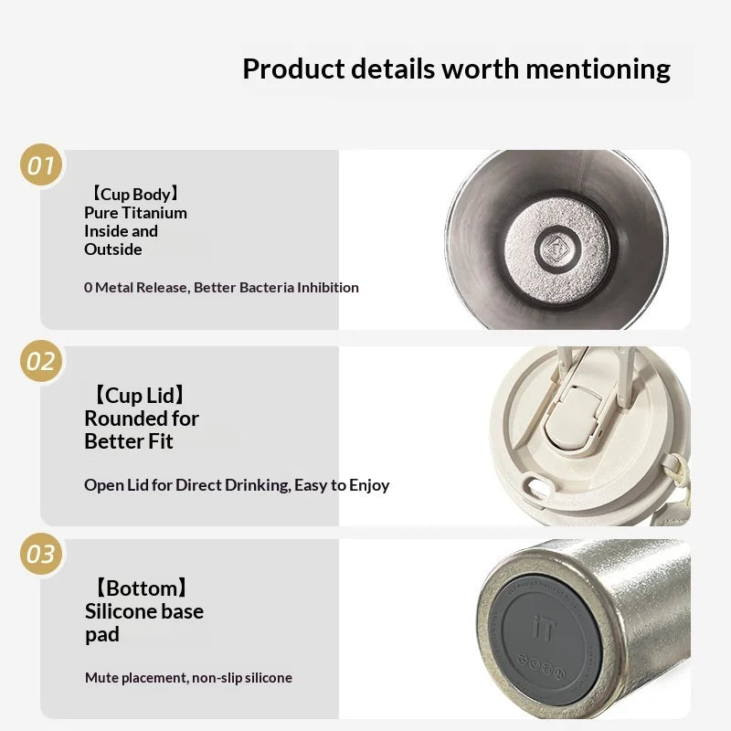 Pure Titanium Coffee Insulated Cup Dual Drinking Straw Water Cup Outdoor Portable Light Luxury High-end Business Cup