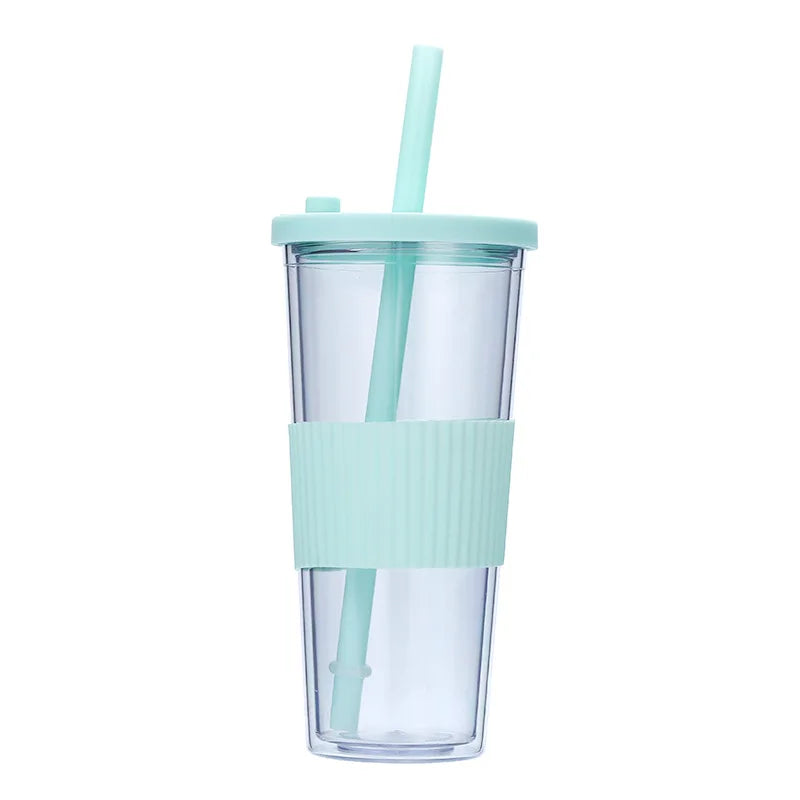 710ML Reusable Double-layer Plastic Colored Straw Cup Coffee Summer Ice Cup Portable Sports Cup With Cup Sleeve,Gift To Friend