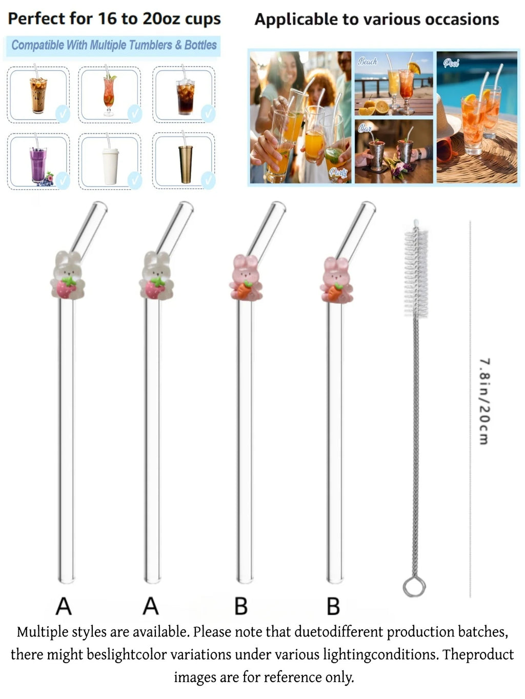 Bunny Strawberry Carrot Glass Straw,Reusable Curved Set for Cocktails, Smoothies, Pool Parties, Weddings, Beach.