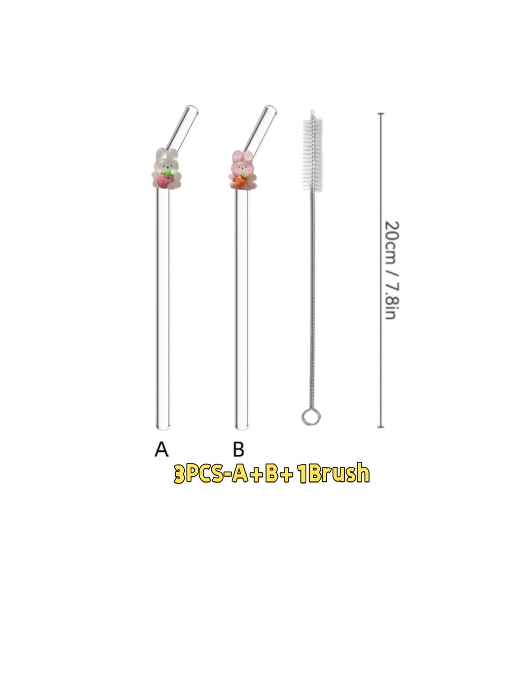 Bunny Strawberry Carrot Glass Straw,Reusable Curved Set for Cocktails, Smoothies, Pool Parties, Weddings, Beach.