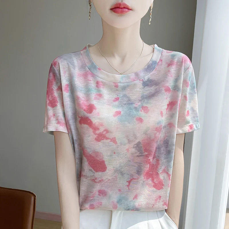 Spring And Summer New Round Neck Knitted Short Sleeve T-shirt Women's Printed Loose Bottoming Top