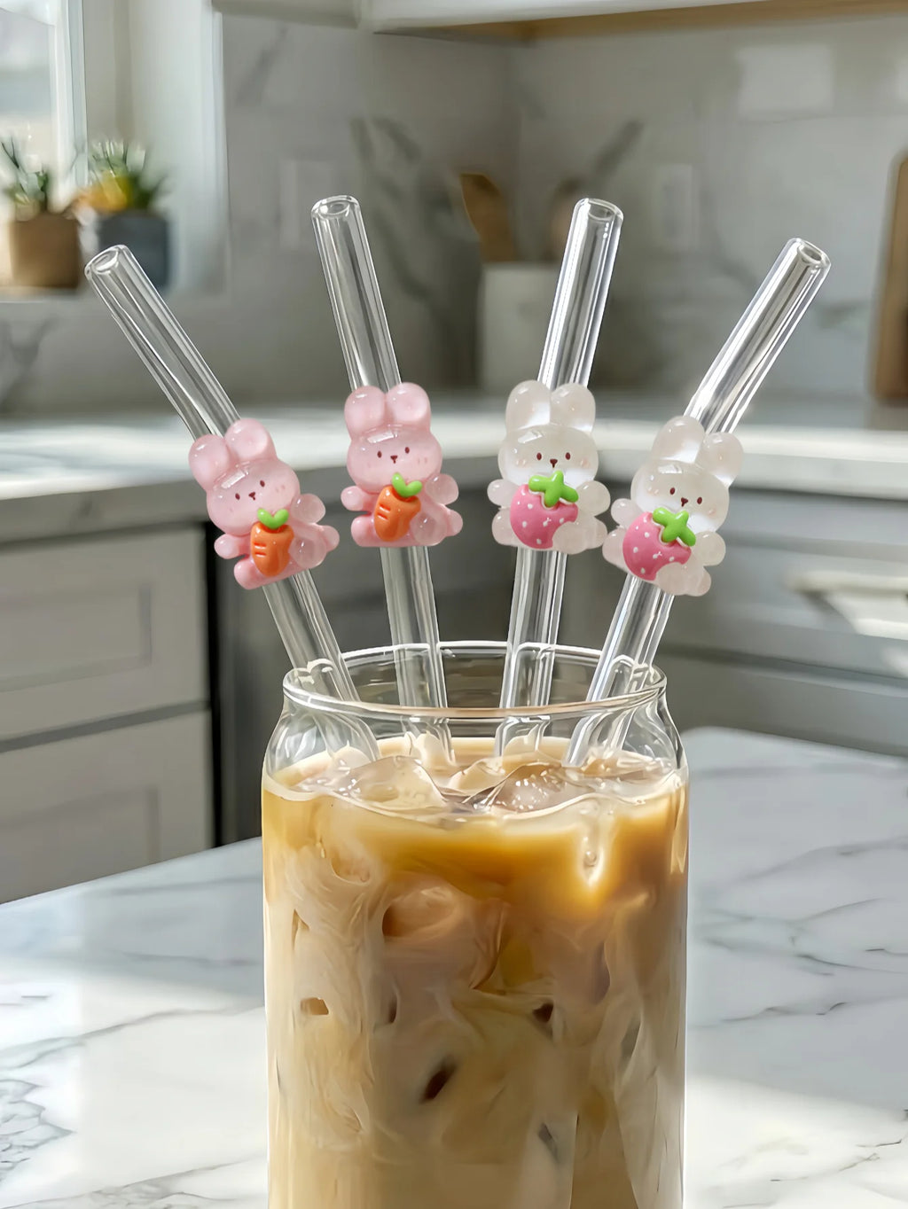 Bunny Strawberry Carrot Glass Straw,Reusable Curved Set for Cocktails, Smoothies, Pool Parties, Weddings, Beach.