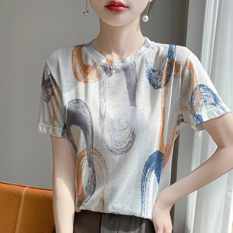 Spring And Summer New Round Neck Knitted Short Sleeve T-shirt Women's Printed Loose Bottoming Top