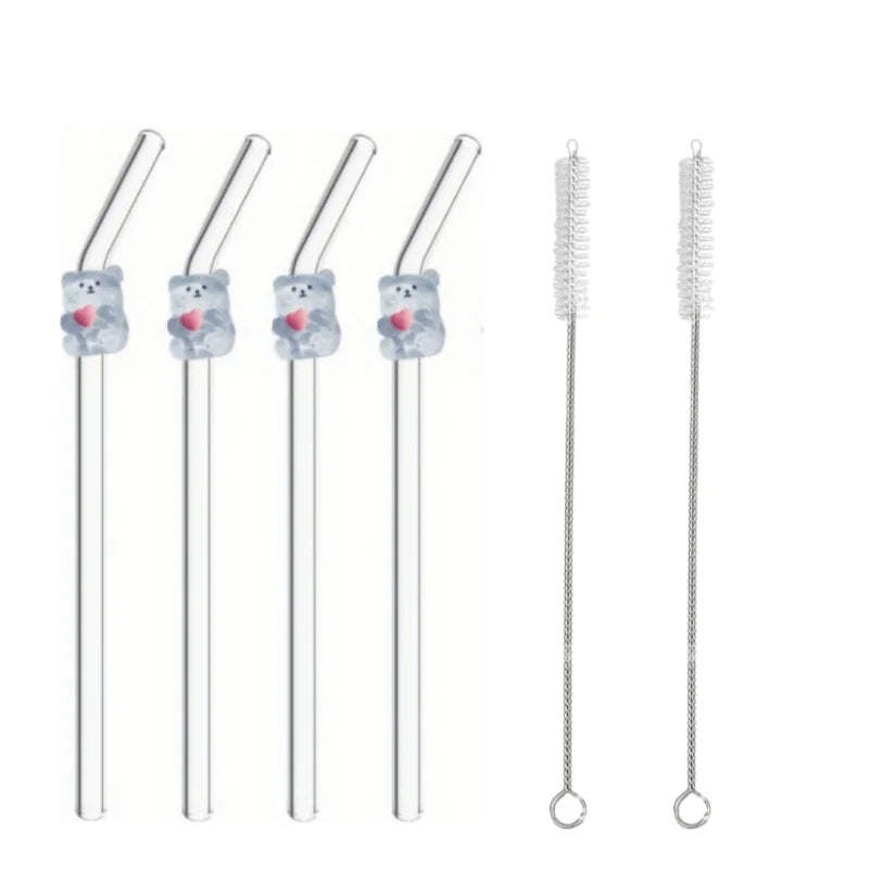 4/5PCS Rabbit & Bear Glass Straws，Cute reusable for iced coffee & drinks. Perfect picnics & parties. Ideal Mother's Day gift.