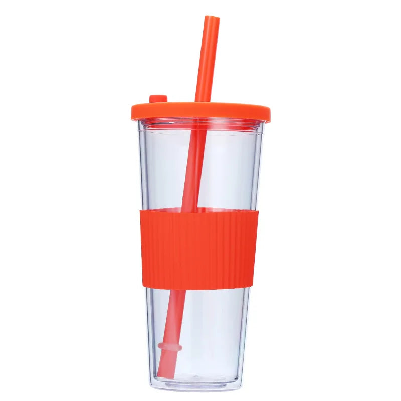 710ML Reusable Double-layer Plastic Colored Straw Cup Coffee Summer Ice Cup Portable Sports Cup With Cup Sleeve,Gift To Friend