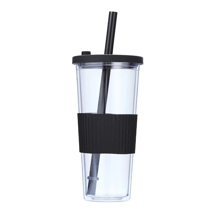 710ML Reusable Double-layer Plastic Colored Straw Cup Coffee Summer Ice Cup Portable Sports Cup With Cup Sleeve,Gift To Friend