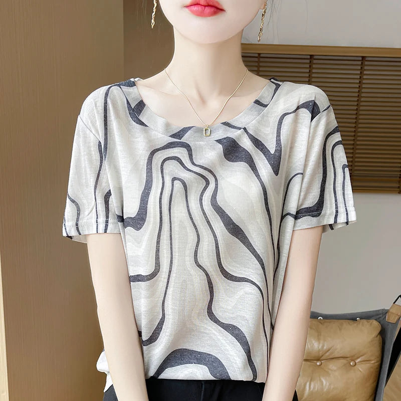 Spring And Summer New Round Neck Knitted Short Sleeve T-shirt Women's Printed Loose Bottoming Top