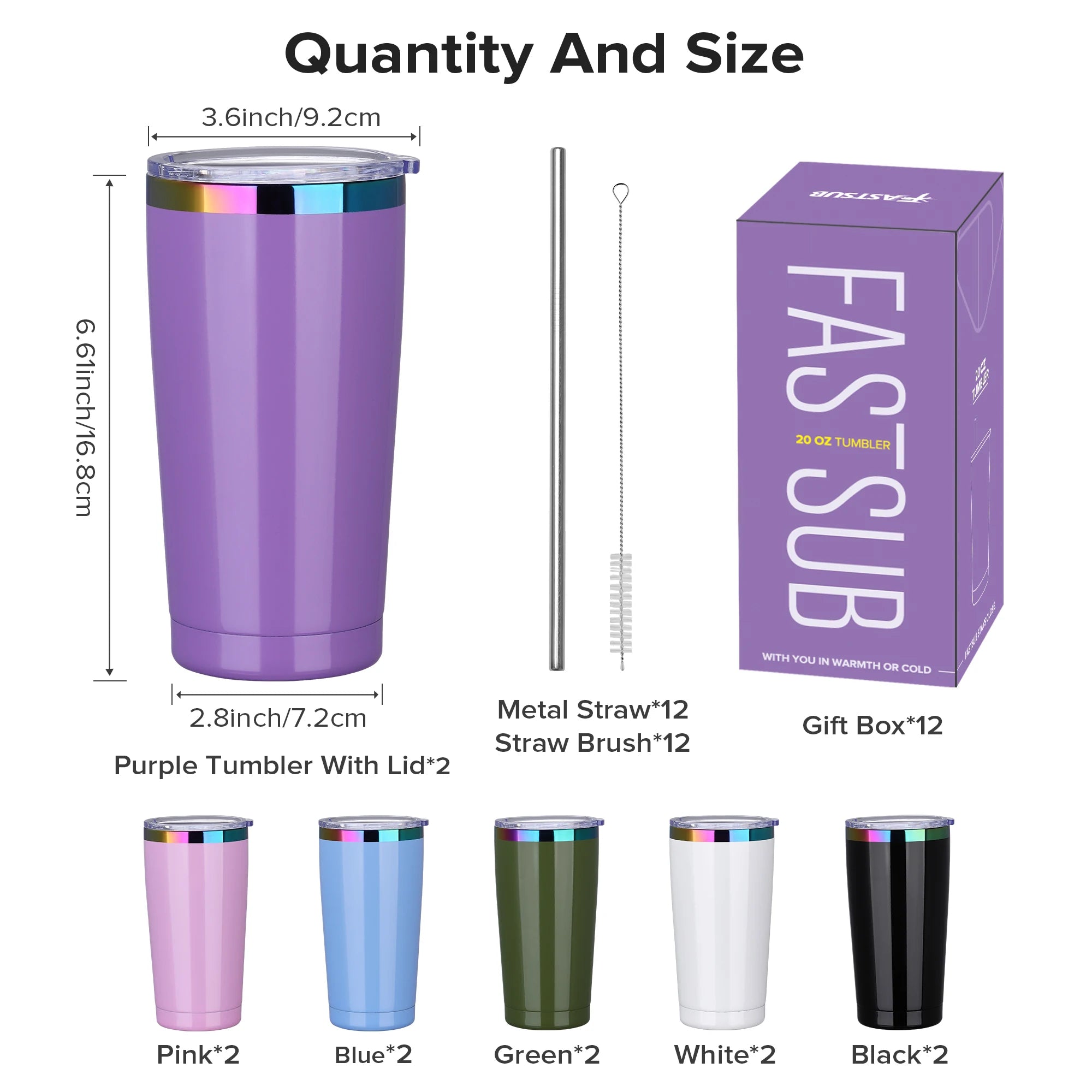 12 Pack 20 oz Stainless Steel Tumblers Bulk, Insulated Travel Cup with Lid,fit laser engraving,Car Cupholder(Assorted Colors)