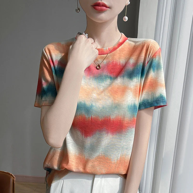 Spring And Summer New Round Neck Knitted Short Sleeve T-shirt Women's Printed Loose Bottoming Top